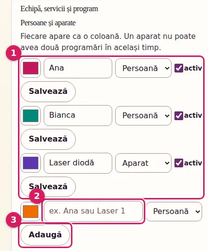 Secțiunea „Persoane și aparate” cu trei coloane fictive: Ana, Bianca și Laser diodă. Marcajul 1 arată lista, 2 câmpul pentru un nume nou, 3 butonul „Adaugă”.