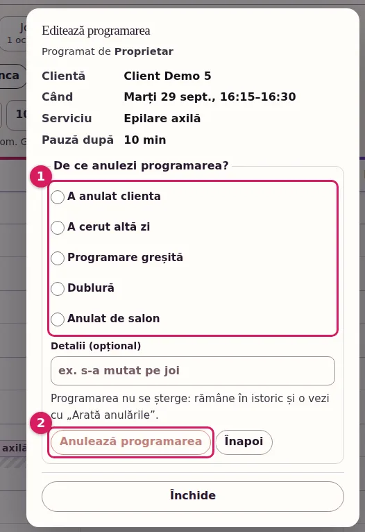 Fereastra de anulare cu lista de motive (A anulat clienta, A cerut altă zi, Programare greșită, Dublură, Anulat de salon) și butonul „Anulează programarea”.