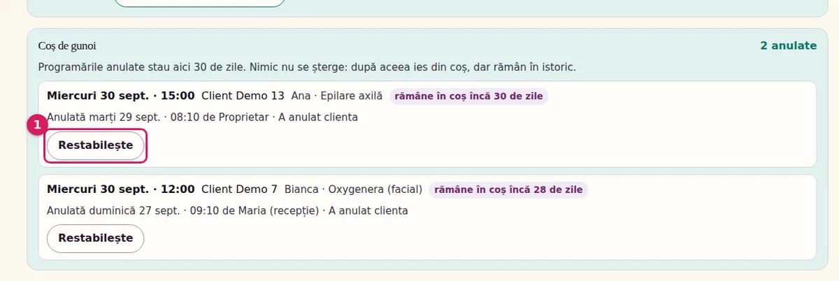 „Coș de gunoi” cu două programări anulate fictive și butonul „Restabilește” marcat.