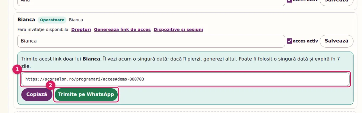 Linkul de acces fictiv generat pentru Bianca, cu butoanele „Copiază” și „Trimite pe WhatsApp”. Marcajul 1 arată linkul, 2 butonul de WhatsApp.