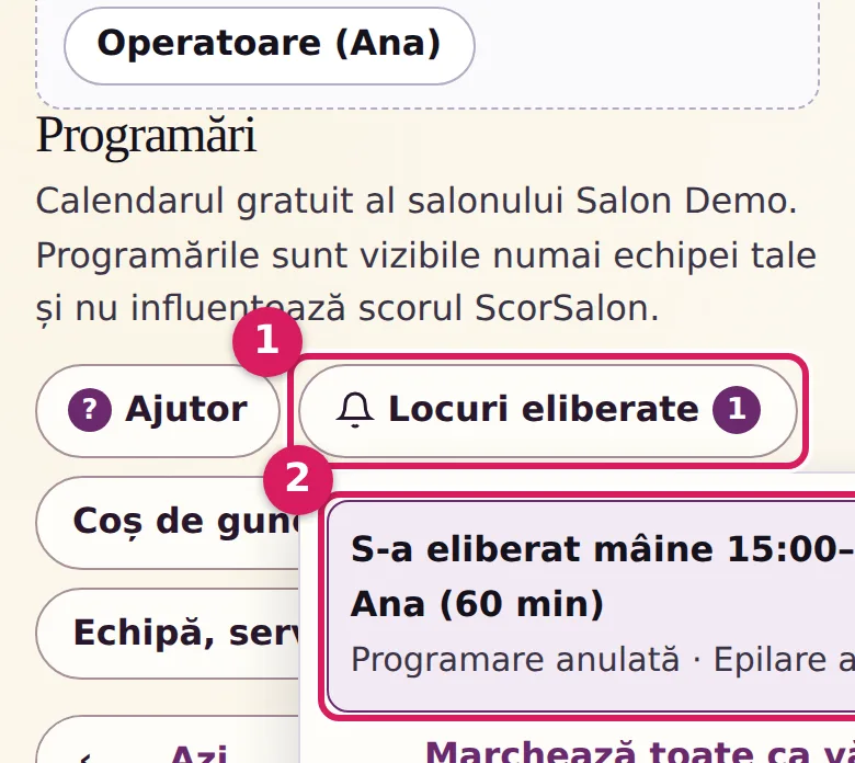 Butonul „Locuri eliberate” cu numărul 1 și alerta „S-a eliberat mâine 15:00–16:00 la Ana (60 min)”.