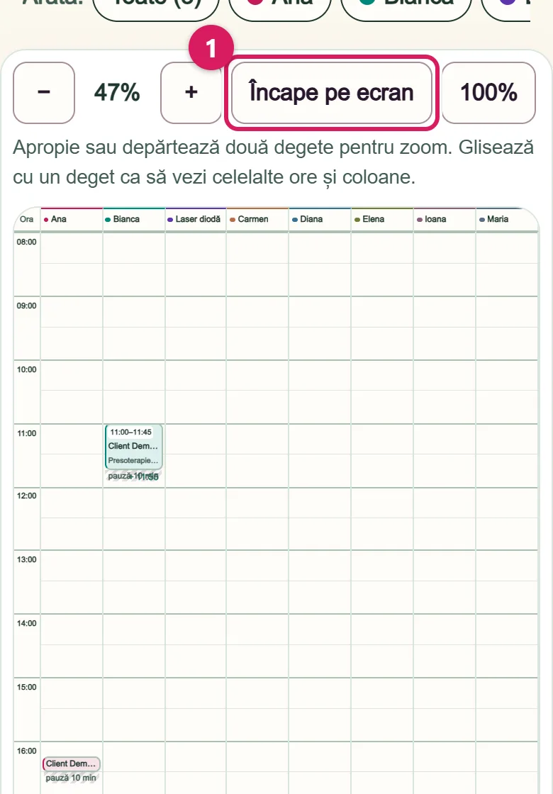 Același calendar după „Încape pe ecran”: coloanele se potrivesc pe lățimea telefonului; orele continuă vertical.