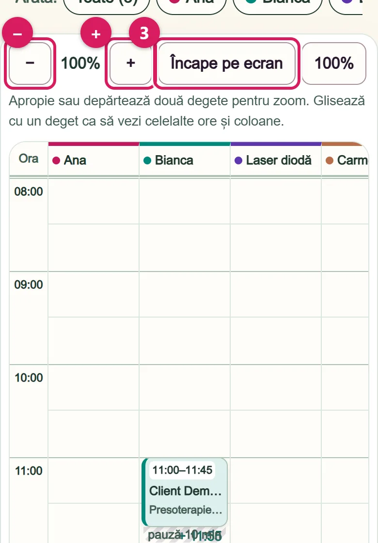Calendarul fictiv pe un telefon. Marcajele arată butoanele „−”, „+” și „Încape pe ecran”.