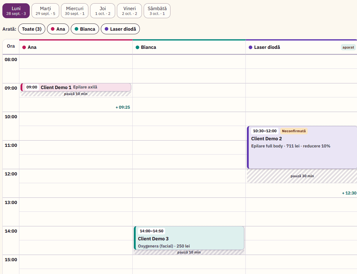Captură din calendarul demo ScorSalon: coloane pentru echipă, programări și locuri libere, cu date fictive.